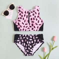 на молнии Принт милый Купальники для девочек Shein