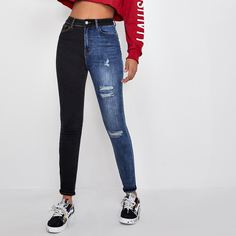 Рваные двухцветные джинсы скинни с высокой талией Shein