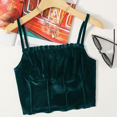 Бархатный укороченный топ на подтяжках оверсайз со складками на груди Shein