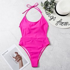 Неоновый розовый слитный купальник Shein