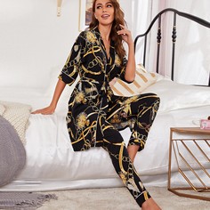 с поясом принтом цепи Элегантный Комплект пижамы Shein