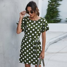 с поясом В горошек Повседневный Платье Shein