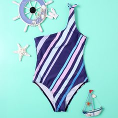 с бантом Полосатый милый Купальники для девочек Shein