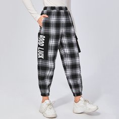 Брюки в клетку с карманом и текстовым принтом для девочек Shein