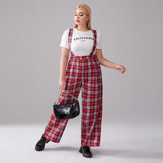 Брюки с подтяжками размера плюс в клетку Shein
