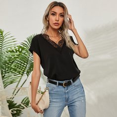 Контрастные кружева Одноцветный Элегантный Блузы Shein