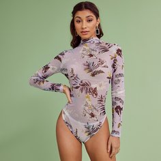 Прозрачный Со цветочками Элегантный Боди Shein