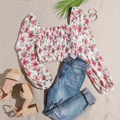 Оборка Со цветочками Бохо Женские топы Shein