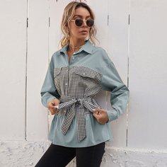 Блузка в клетку с поясом Shein