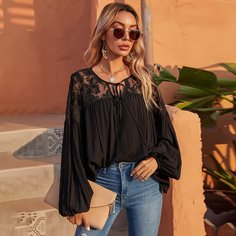 Контрастные кружева Одноцветный Повседневный Блузы Shein