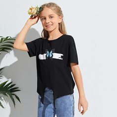 Футболка с узлом и принтом бабочки для девочек Shein