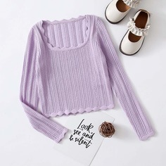 с фестонами Одноцветный Повседневный Свитера для девочек Shein