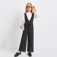 с поясом Клетчатый Институтский Комбинезоны для девочек Shein