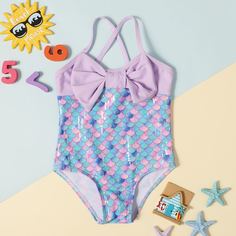 Слитный купальник с чешуевидным узором для девочек Shein