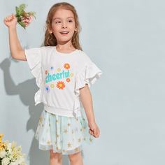 с оборками Цветочный милый Футболки для маленьких девочек Shein