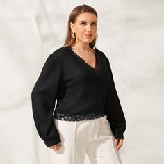 Вязаная футболка размера плюс с кружевной отделкой Shein