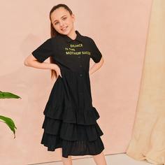 Многослойная рубашка-платье с текстовым принтом для девочек Shein