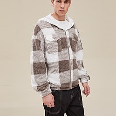 Мужская плюшевая куртка в клетку с капюшоном Shein
