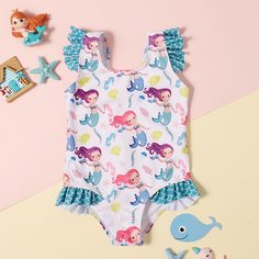 с оборками Мультяшный принт милый Купальники для девочек Shein