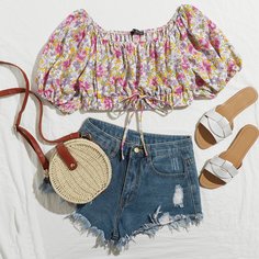 С батом перед цветочный Бохо Женские топы Shein