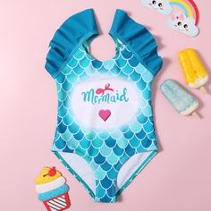 Слитный купальник с текстовым принтом для девочек Shein