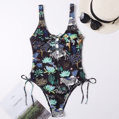 Слитный купальник в рубчик с принтом растений и животных Shein