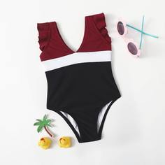 Контрастный слитный купальник для девочек Shein