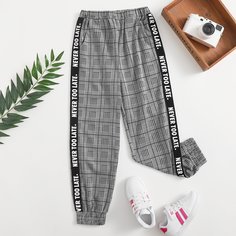 лента Клетчатый Повседневный Брюки для девочек Shein