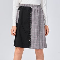 Юбка в клетку с кружевной отделкой для девочек Shein