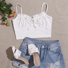 Короткий трикотажный топ на подтяжках в рубчик на кулиске Shein