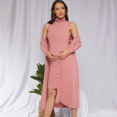 Однотонное платье с высоким воротником и пальто для беременных Shein