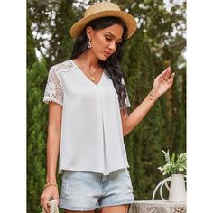 Однотонная блуза с кружевным рукавом Shein
