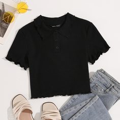 Волнистый край Одноцветный Повседневный Футболки Shein