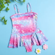 Слитный купальник с чешуевидным узором для девочек Shein
