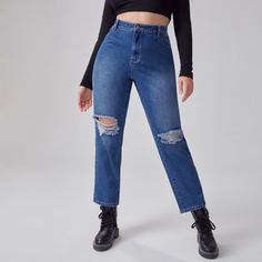 на пуговицах Одноцветный Джинсы размер плюс Shein