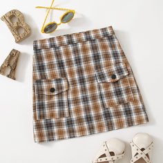 на молнии в клетку Институтский Юбки для девочек Shein