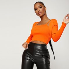 Неоновый оранжевый короткий кардиган и трикотажный топ Shein