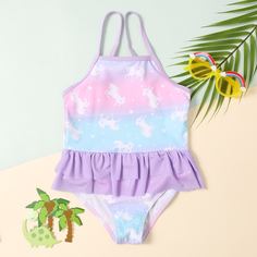 Слитный купальник с принтом единорога для девочек Shein