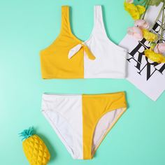 узел Контрастный цвет Спортивный Купальники для девочек Shein
