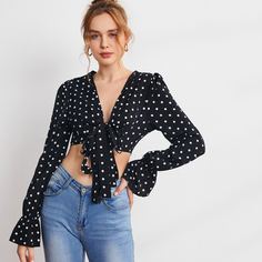 с оборками В горошек Повседневный Женские топы Shein