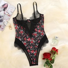 Боди на косточках с цветочным принтом и кружевом Shein