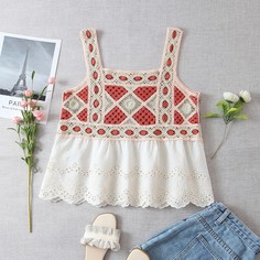 Ажурная вышивка Геометрический Бохо Блузы Shein