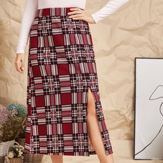 Юбка размера плюс в клетку с разрезом Shein