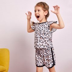 Пижама с контрастной отделкой и принтом для девочек Shein