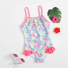 Слитный купальник с графическим принтом для девочек Shein