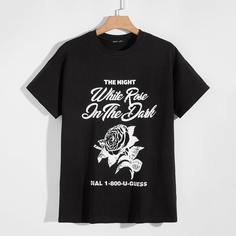 Мужская футболка с текстовым и цветочным принтом Shein