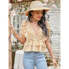 С оборками цветочный Бохо Блузы Shein