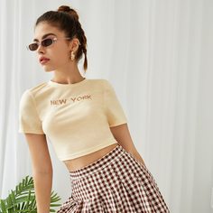 Вышивка буква Повседневный Футболки Shein