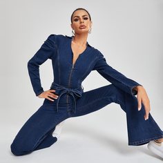 Джинсовый комбинезон с поясом и молнией Shein