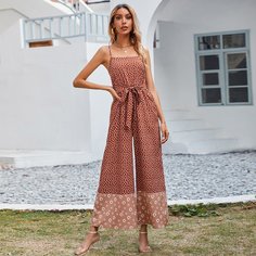Широкий комбинезон на бретелях с цветочным принтом и поясом Shein